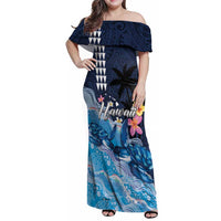 Hawaiian Honu Honi Ihu Family Matching Off Shoulder Maxi Dress and Hawaiian Shirt With Plumeria and Kakau Art Pattern LT03 Mom's Dress Dark Blue - Polynesian Pride