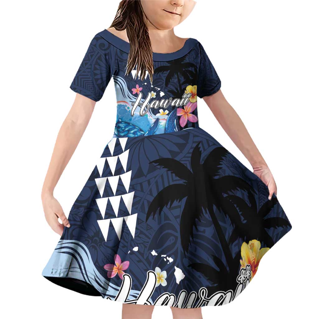 Hawaiian Honu Honi Ihu Family Matching Off Shoulder Short Dress and Hawaiian Shirt With Plumeria and Kakau Art Pattern LT03 Daughter's Dress Dark Blue - Polynesian Pride