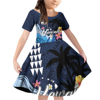 Hawaiian Honu Honi Ihu Family Matching Off Shoulder Short Dress and Hawaiian Shirt With Plumeria and Kakau Art Pattern LT03 Daughter's Dress Dark Blue - Polynesian Pride