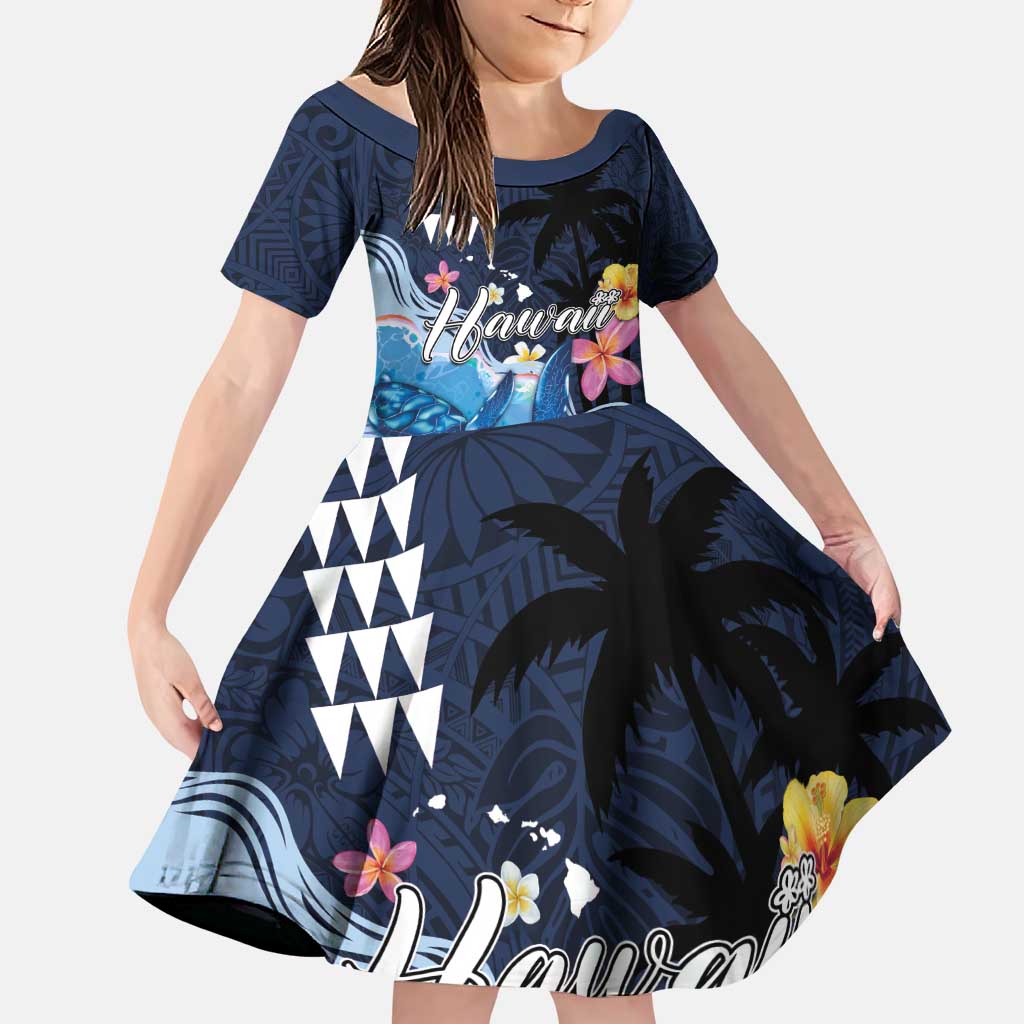 Hawaiian Honu Honi Ihu Family Matching Puletasi and Hawaiian Shirt With Plumeria and Kakau Art Pattern LT03 Daughter's Dress Dark Blue - Polynesian Pride