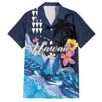 Hawaiian Honu Honi Ihu Family Matching Puletasi and Hawaiian Shirt With Plumeria and Kakau Art Pattern LT03 Dad's Shirt - Short Sleeve Dark Blue - Polynesian Pride