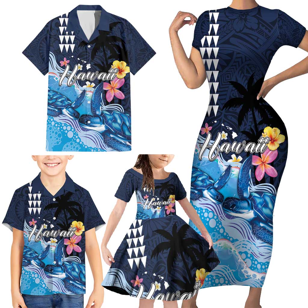 Hawaiian Honu Honi Ihu Family Matching Short Sleeve Bodycon Dress and Hawaiian Shirt With Plumeria and Kakau Art Pattern LT03 - Polynesian Pride