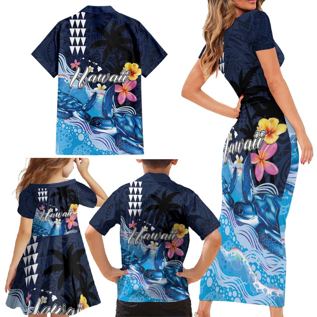 Hawaiian Honu Honi Ihu Family Matching Short Sleeve Bodycon Dress and Hawaiian Shirt With Plumeria and Kakau Art Pattern LT03 - Polynesian Pride