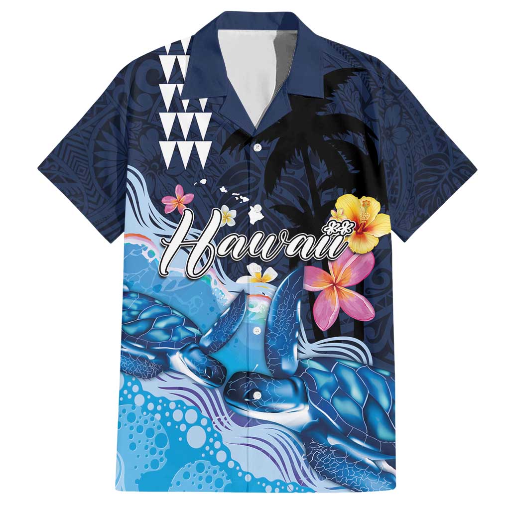 Hawaiian Honu Honi Ihu Family Matching Short Sleeve Bodycon Dress and Hawaiian Shirt With Plumeria and Kakau Art Pattern LT03 Dad's Shirt - Short Sleeve Dark Blue - Polynesian Pride
