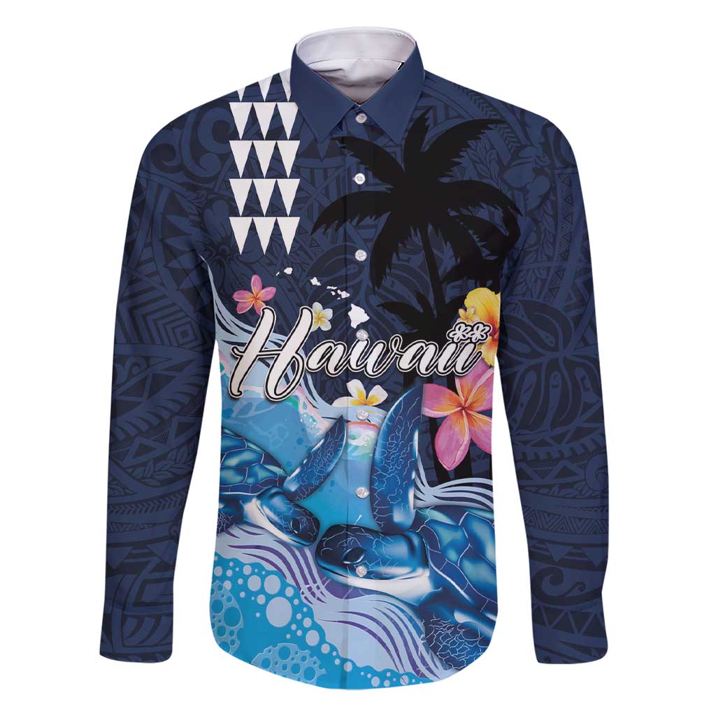 Hawaiian Honu Honi Ihu Family Matching Short Sleeve Bodycon Dress and Hawaiian Shirt With Plumeria and Kakau Art Pattern LT03 Dad's Shirt - Long Sleeve Dark Blue - Polynesian Pride
