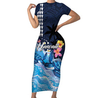 Hawaiian Honu Honi Ihu Family Matching Short Sleeve Bodycon Dress and Hawaiian Shirt With Plumeria and Kakau Art Pattern LT03 Mom's Dress Dark Blue - Polynesian Pride