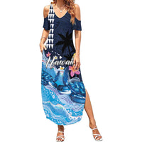 Hawaiian Honu Honi Ihu Family Matching Summer Maxi Dress and Hawaiian Shirt With Plumeria and Kakau Art Pattern LT03 Mom's Dress Dark Blue - Polynesian Pride
