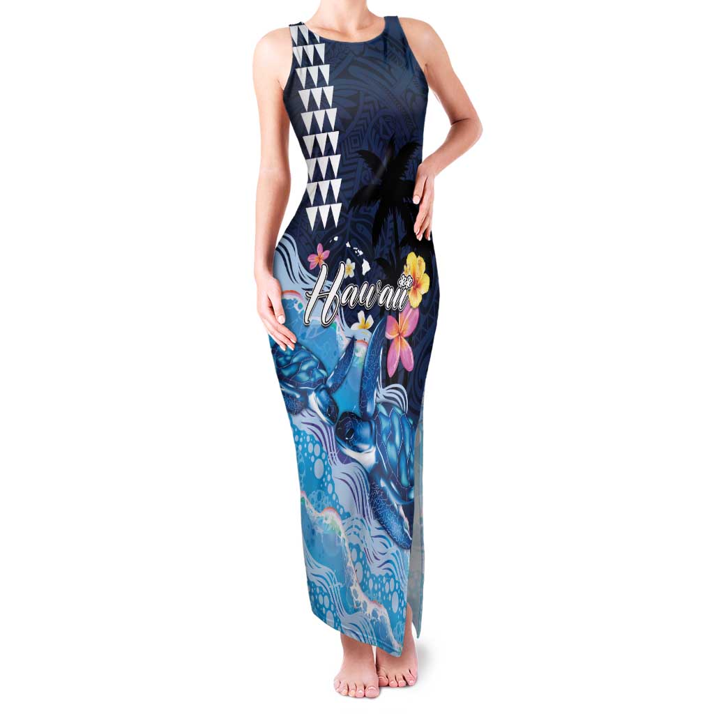 Hawaiian Honu Honi Ihu Family Matching Tank Maxi Dress and Hawaiian Shirt With Plumeria and Kakau Art Pattern LT03 Mom's Dress Dark Blue - Polynesian Pride