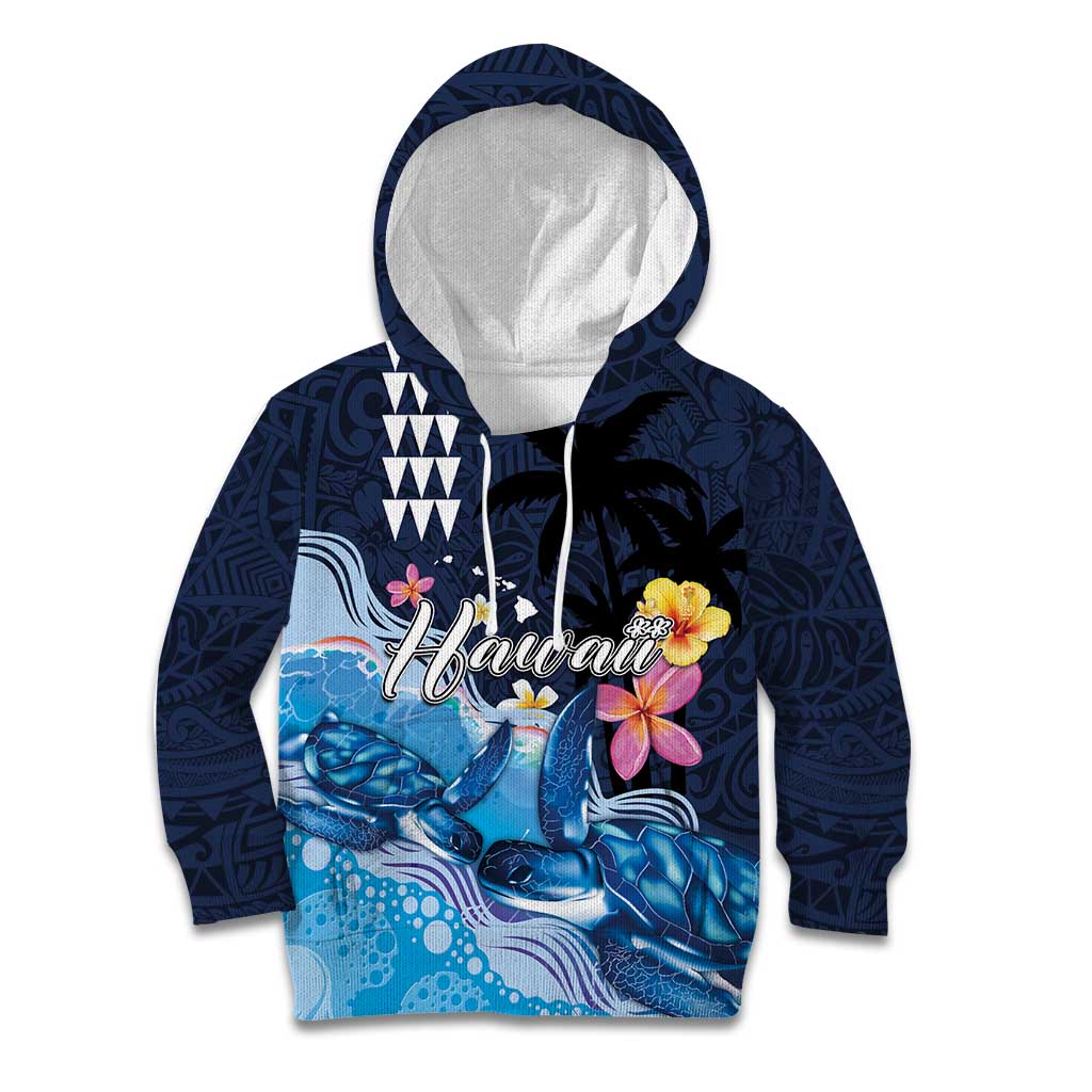 Hawaiian Honu Honi Ihu Kid Hoodie With Plumeria and Kakau Art Pattern LT03 Hoodie Dark Blue - Polynesian Pride