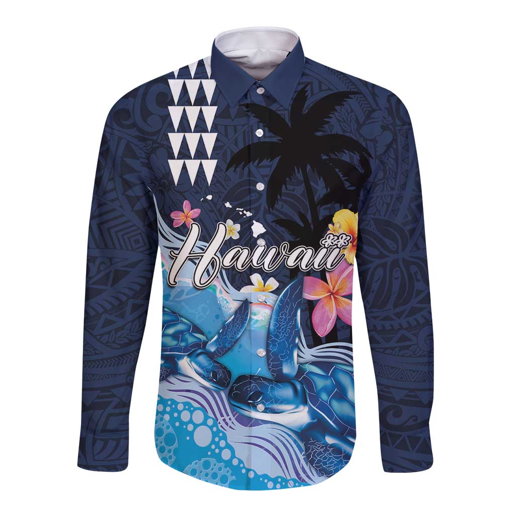 Hawaiian Honu Honi Ihu Long Sleeve Button Shirt With Plumeria and Kakau Art Pattern LT03 Unisex Dark Blue - Polynesian Pride