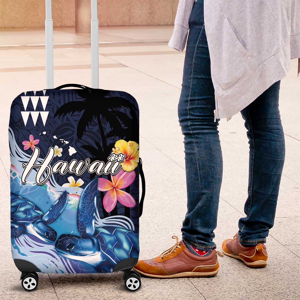 Hawaiian Honu Honi Ihu Luggage Cover With Plumeria and Kakau Art Pattern LT03 Dark Blue - Polynesian Pride