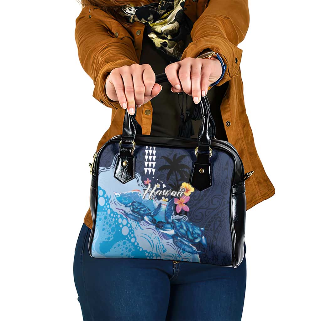 Hawaiian Honu Honi Ihu Shoulder Handbag With Plumeria and Kakau Art Pattern LT03 One Size Dark Blue - Polynesian Pride