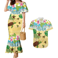 Aloha Turtle Family on The Beach Couples Matching Mermaid Dress and Hawaiian Shirt with Hawaiian Colorful Plumeria LT03 Beige - Polynesian Pride