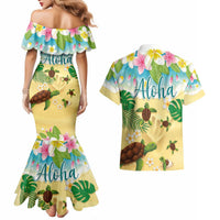 Aloha Turtle Family on The Beach Couples Matching Mermaid Dress and Hawaiian Shirt with Hawaiian Colorful Plumeria LT03 - Polynesian Pride