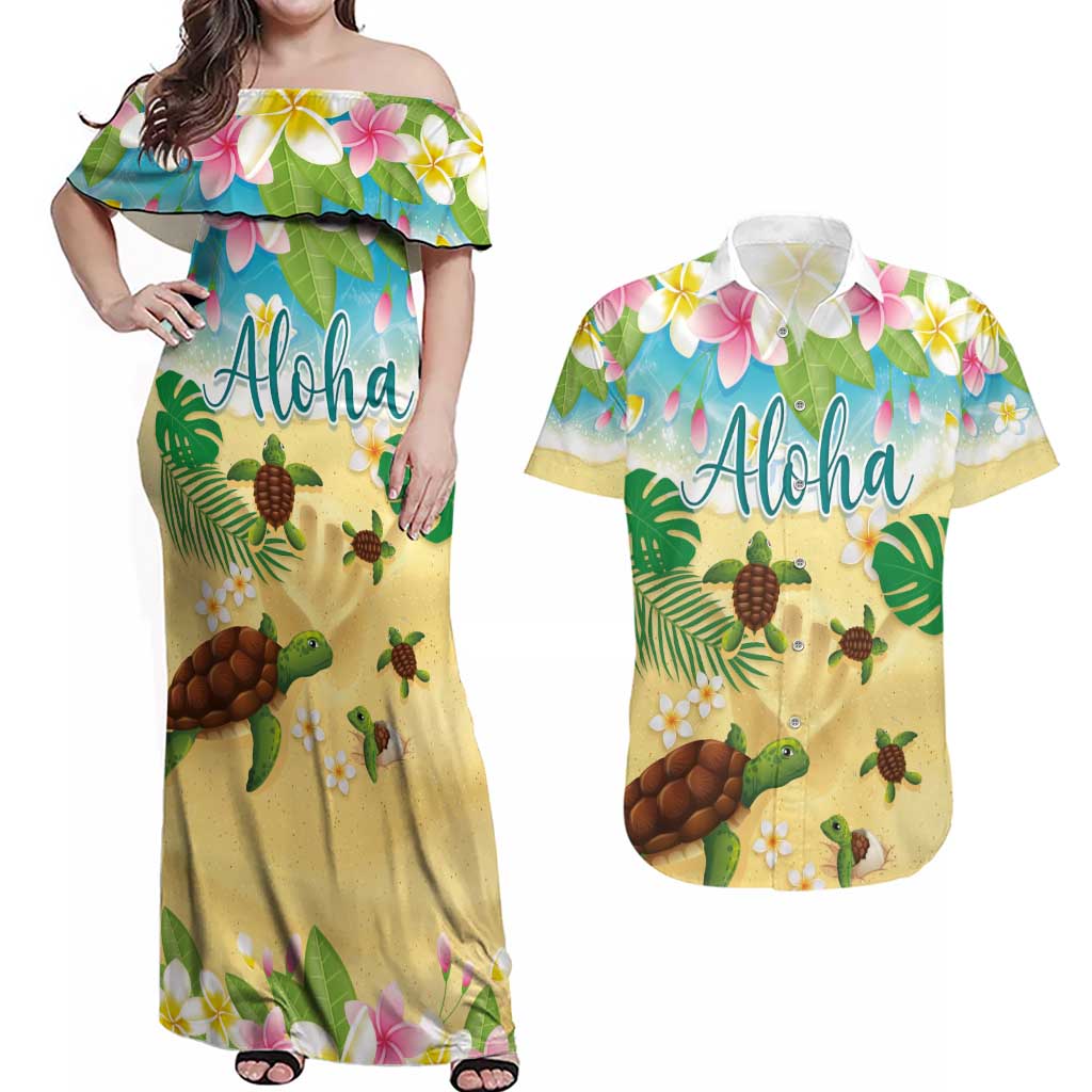 Aloha Turtle Family on The Beach Couples Matching Off Shoulder Maxi Dress and Hawaiian Shirt with Hawaiian Colorful Plumeria LT03 Beige - Polynesian Pride