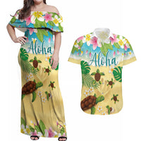 Aloha Turtle Family on The Beach Couples Matching Off Shoulder Maxi Dress and Hawaiian Shirt with Hawaiian Colorful Plumeria LT03 Beige - Polynesian Pride
