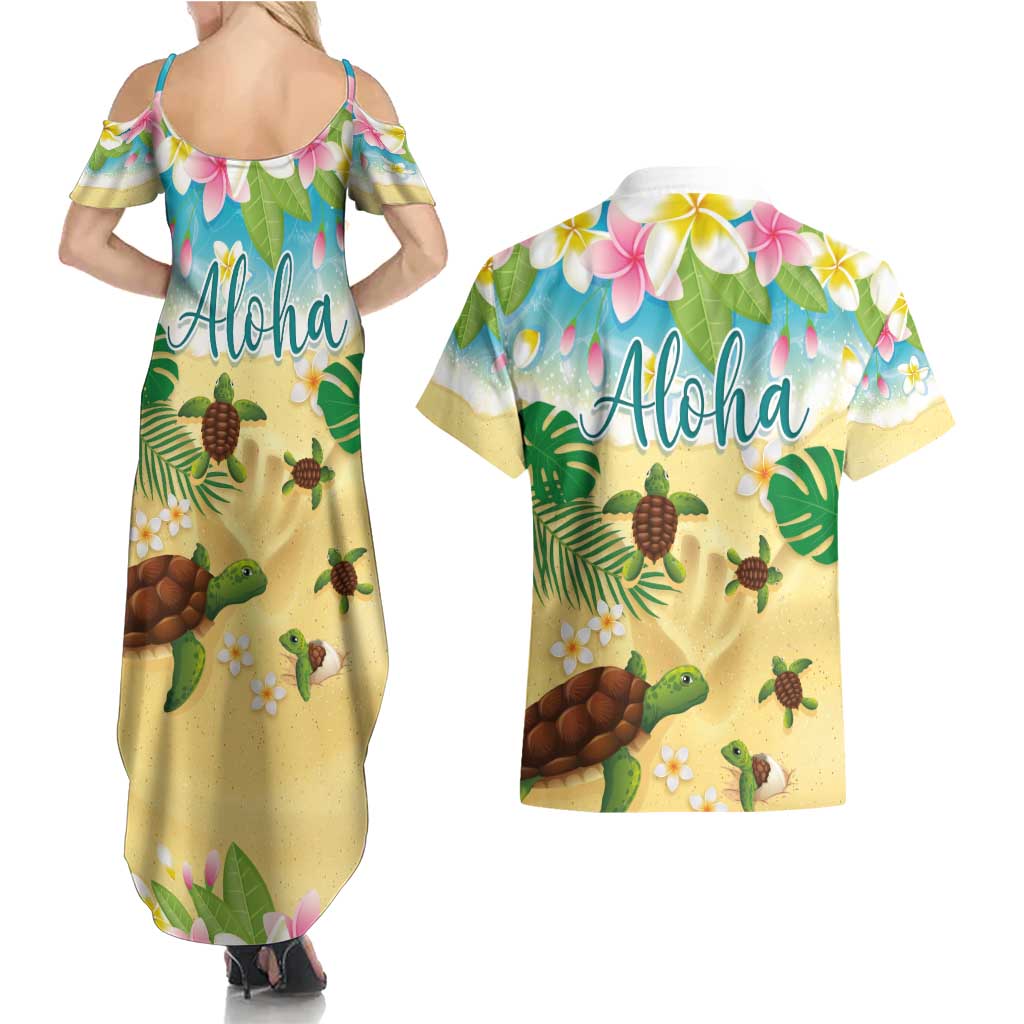 Aloha Turtle Family on The Beach Couples Matching Summer Maxi Dress and Hawaiian Shirt with Hawaiian Colorful Plumeria