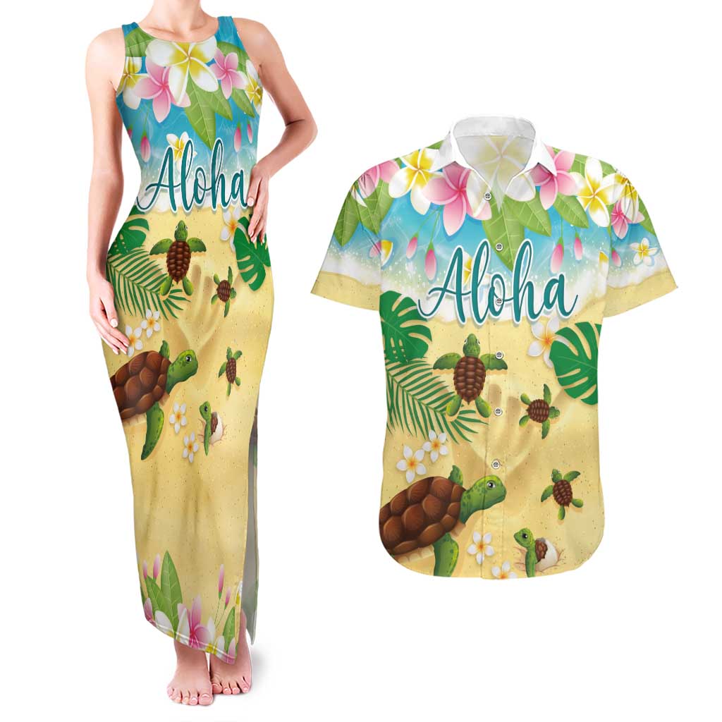 Aloha Turtle Family on The Beach Couples Matching Tank Maxi Dress and Hawaiian Shirt with Hawaiian Colorful Plumeria