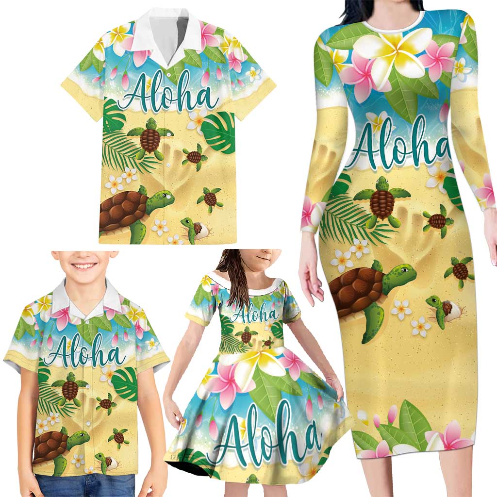 Aloha Turtle Family on The Beach Family Matching Long Sleeve Bodycon Dress and Hawaiian Shirt with Hawaiian Colorful Plumeria LT03 - Polynesian Pride