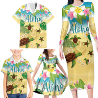 Aloha Turtle Family on The Beach Family Matching Long Sleeve Bodycon Dress and Hawaiian Shirt with Hawaiian Colorful Plumeria LT03 - Polynesian Pride