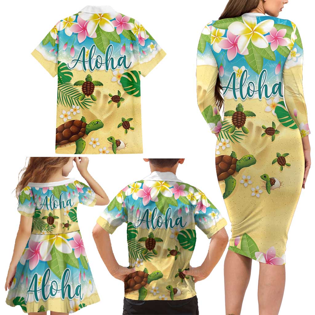 Aloha Turtle Family on The Beach Family Matching Long Sleeve Bodycon Dress and Hawaiian Shirt with Hawaiian Colorful Plumeria LT03 - Polynesian Pride