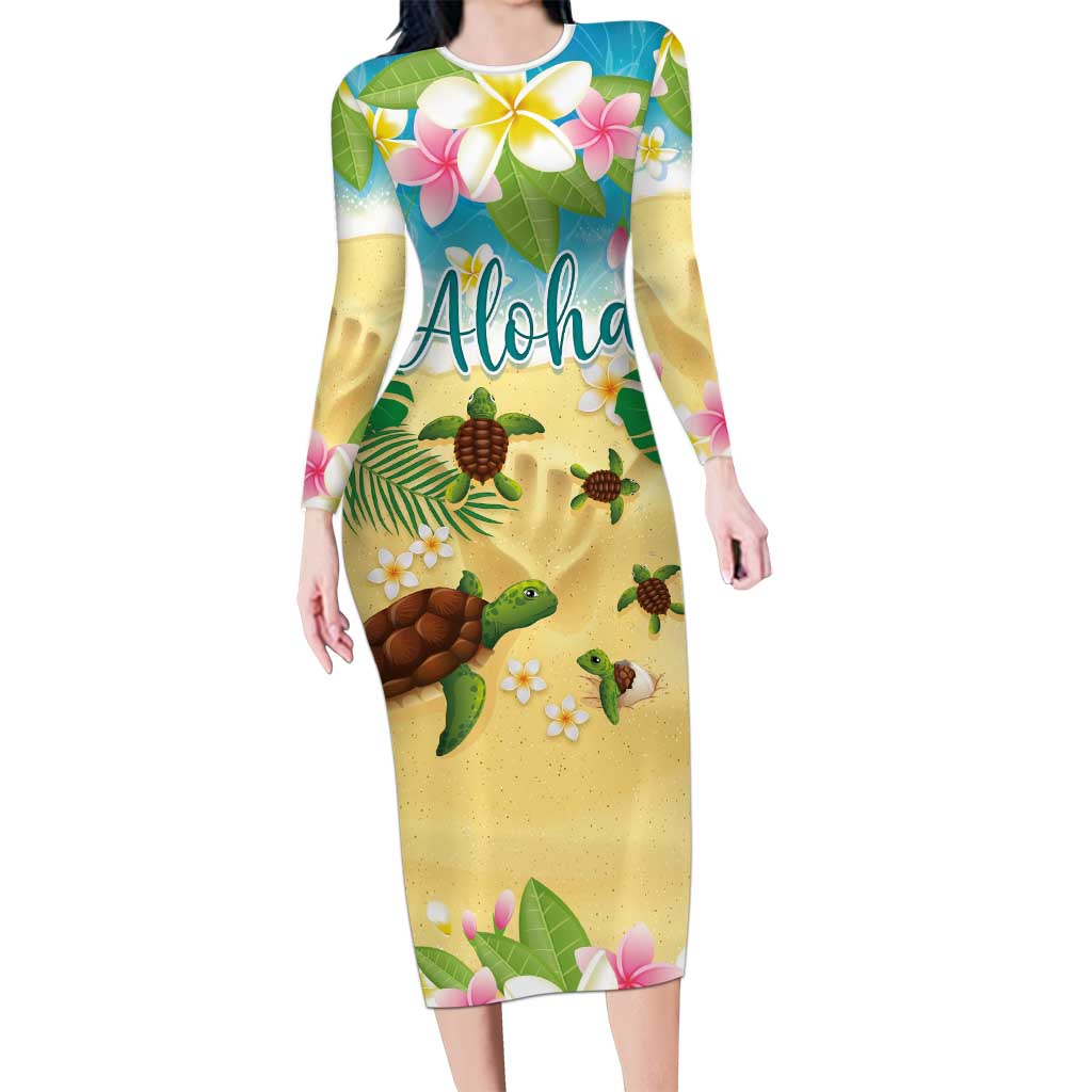 Aloha Turtle Family on The Beach Family Matching Long Sleeve Bodycon Dress and Hawaiian Shirt with Hawaiian Colorful Plumeria LT03 Mom's Dress Beige - Polynesian Pride