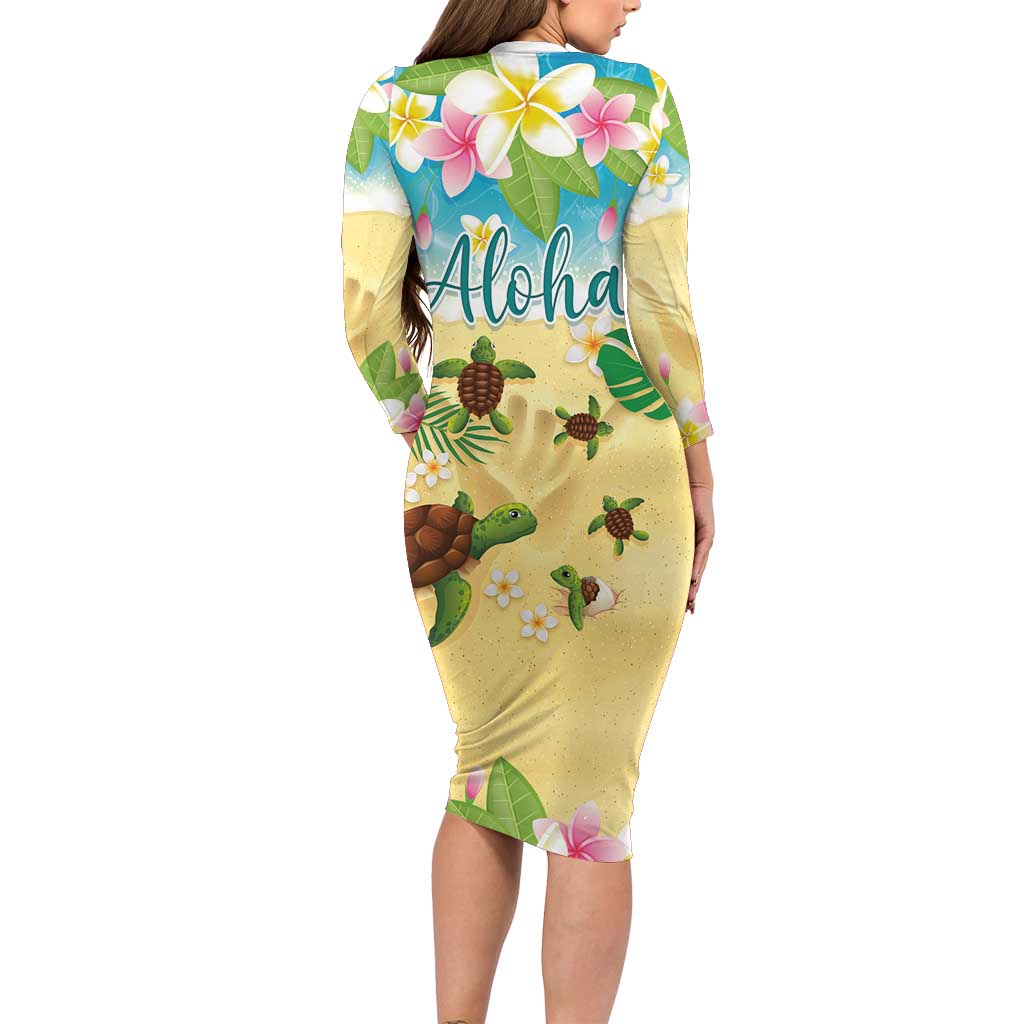 Aloha Turtle Family on The Beach Family Matching Long Sleeve Bodycon Dress and Hawaiian Shirt with Hawaiian Colorful Plumeria LT03 - Polynesian Pride