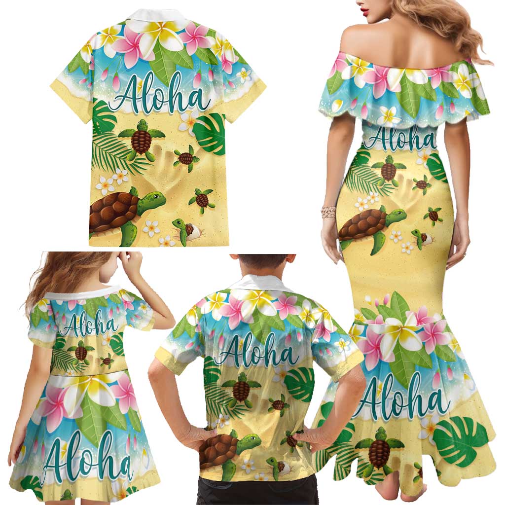 Aloha Turtle Family on The Beach Family Matching Mermaid Dress and Hawaiian Shirt with Hawaiian Colorful Plumeria LT03 - Polynesian Pride