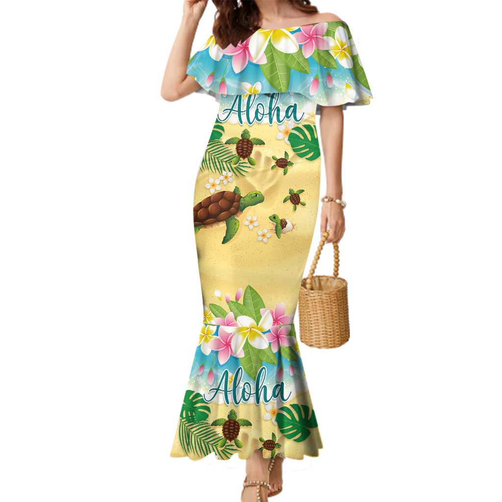 Aloha Turtle Family on The Beach Family Matching Mermaid Dress and Hawaiian Shirt with Hawaiian Colorful Plumeria LT03 Mom's Dress Beige - Polynesian Pride