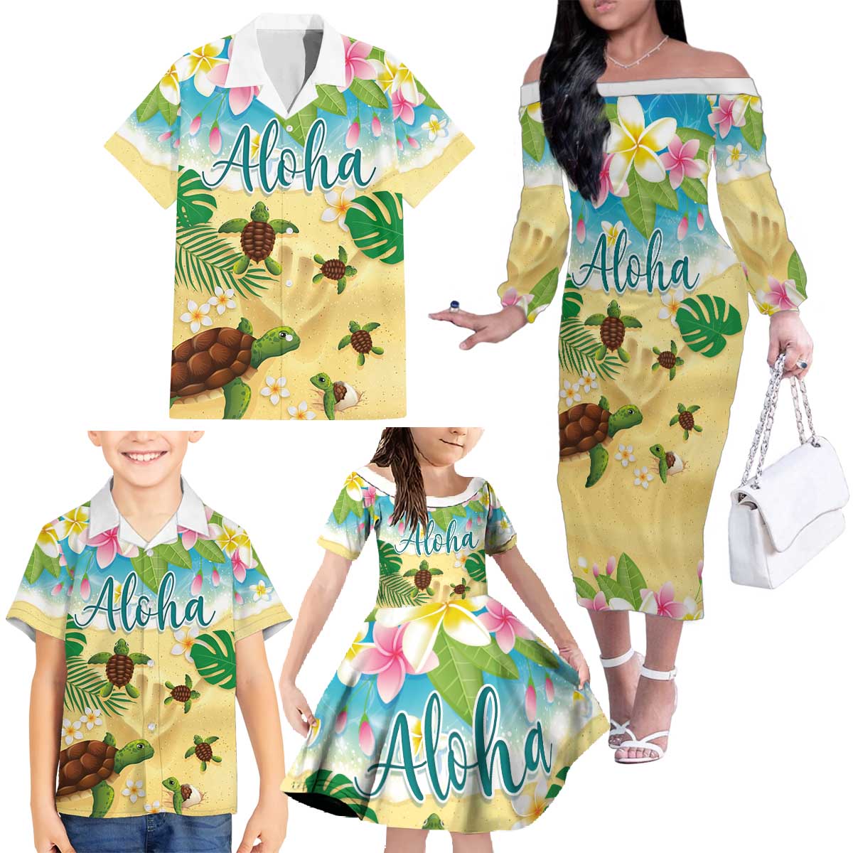 Aloha Turtle Family on The Beach Family Matching Off The Shoulder Long Sleeve Dress and Hawaiian Shirt with Hawaiian Colorful Plumeria LT03 - Polynesian Pride