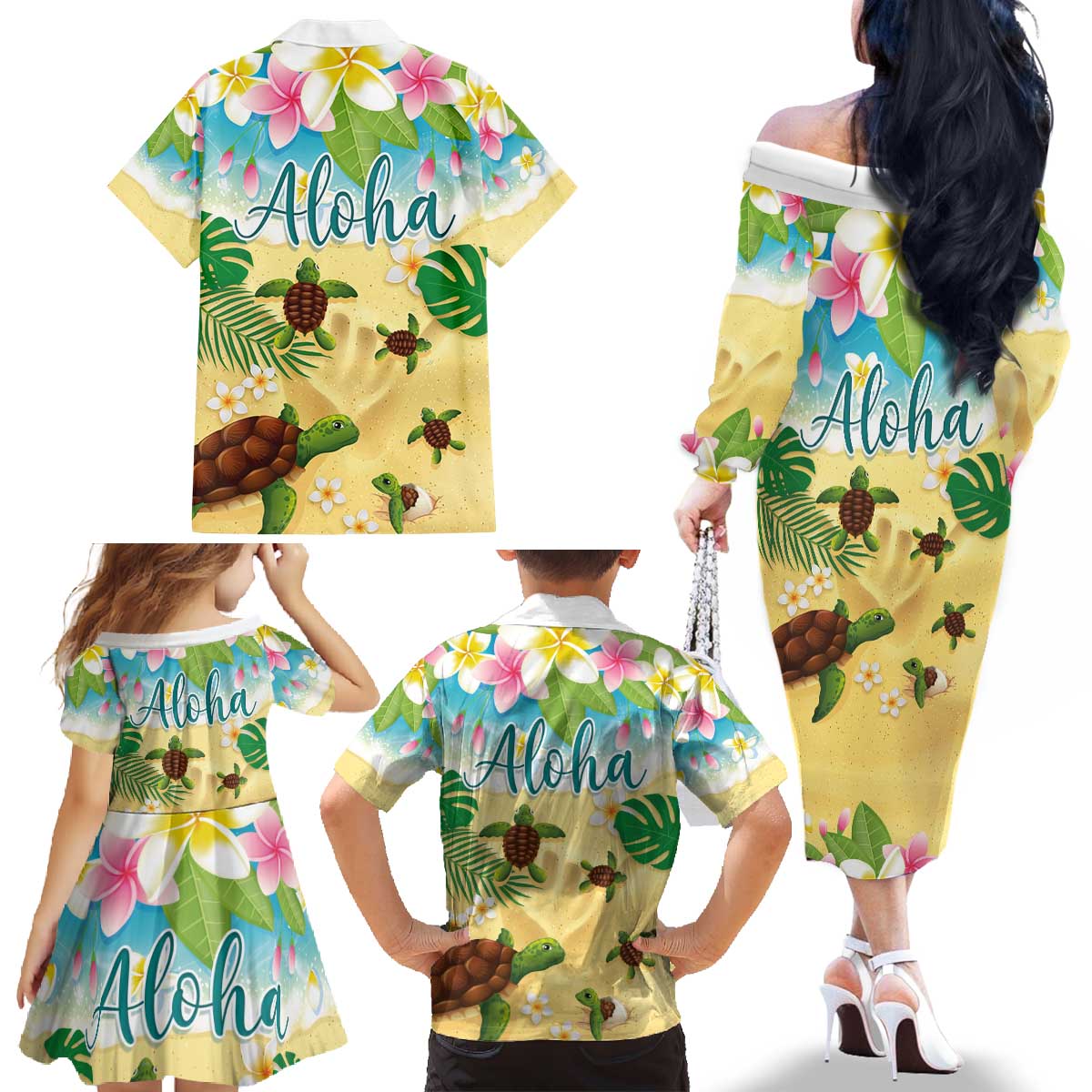 Aloha Turtle Family on The Beach Family Matching Off The Shoulder Long Sleeve Dress and Hawaiian Shirt with Hawaiian Colorful Plumeria LT03 - Polynesian Pride