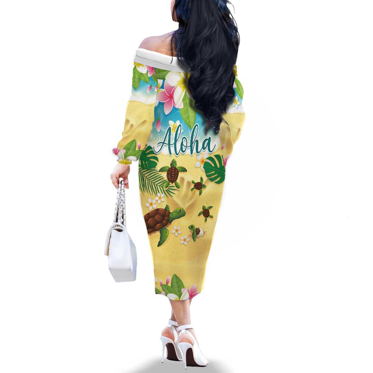 Aloha Turtle Family on The Beach Family Matching Off The Shoulder Long Sleeve Dress and Hawaiian Shirt with Hawaiian Colorful Plumeria LT03 - Polynesian Pride