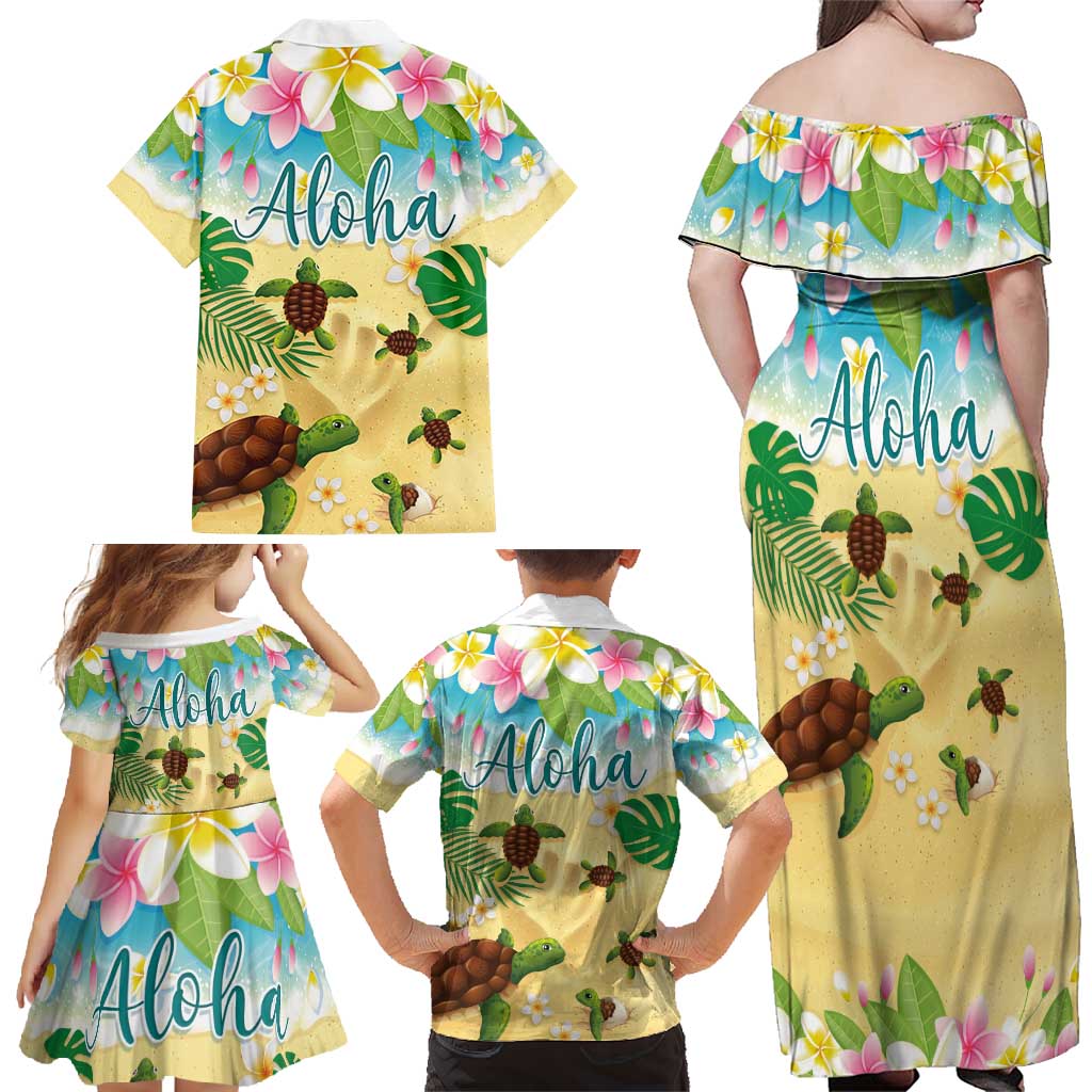 Aloha Turtle Family on The Beach Family Matching Off Shoulder Maxi Dress and Hawaiian Shirt with Hawaiian Colorful Plumeria LT03 - Polynesian Pride