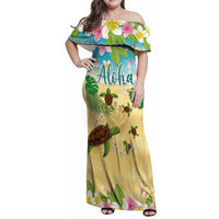 Aloha Turtle Family on The Beach Family Matching Off Shoulder Maxi Dress and Hawaiian Shirt with Hawaiian Colorful Plumeria LT03 Mom's Dress Beige - Polynesian Pride