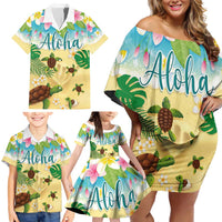 Aloha Turtle Family on The Beach Family Matching Off Shoulder Short Dress and Hawaiian Shirt with Hawaiian Colorful Plumeria LT03 - Polynesian Pride