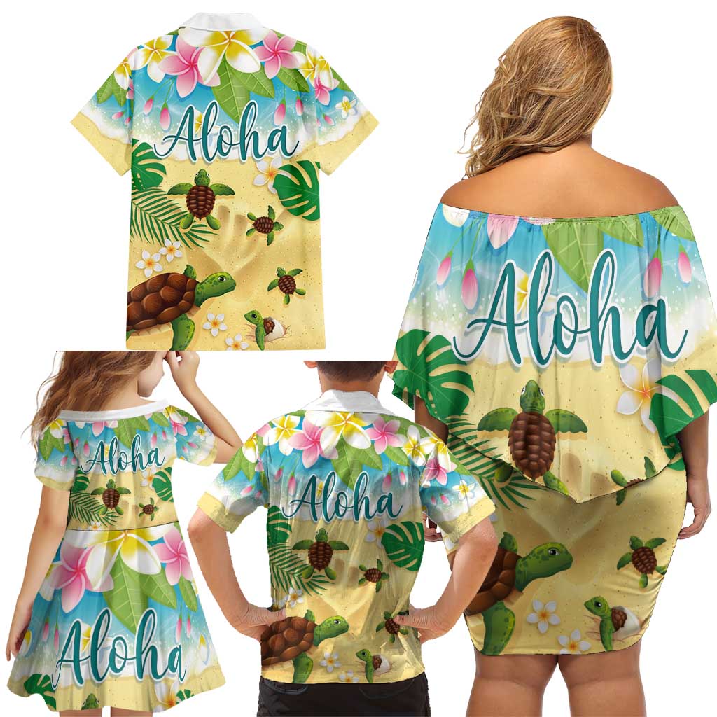 Aloha Turtle Family on The Beach Family Matching Off Shoulder Short Dress and Hawaiian Shirt with Hawaiian Colorful Plumeria LT03 - Polynesian Pride