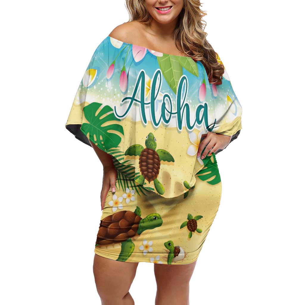 Aloha Turtle Family on The Beach Family Matching Off Shoulder Short Dress and Hawaiian Shirt with Hawaiian Colorful Plumeria LT03 Mom's Dress Beige - Polynesian Pride
