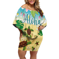 Aloha Turtle Family on The Beach Family Matching Off Shoulder Short Dress and Hawaiian Shirt with Hawaiian Colorful Plumeria LT03 Mom's Dress Beige - Polynesian Pride