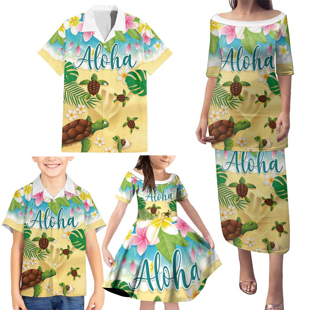 Aloha Turtle Family on The Beach Family Matching Puletasi and Hawaiian Shirt with Hawaiian Colorful Plumeria LT03 - Polynesian Pride