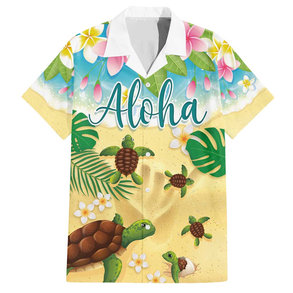 Aloha Turtle Family on The Beach Family Matching Puletasi and Hawaiian Shirt with Hawaiian Colorful Plumeria LT03 Dad's Shirt - Short Sleeve Beige - Polynesian Pride