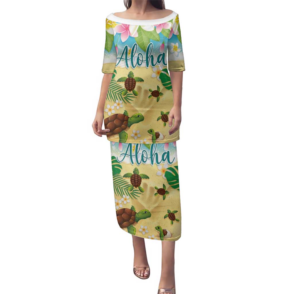 Aloha Turtle Family on The Beach Family Matching Puletasi and Hawaiian Shirt with Hawaiian Colorful Plumeria LT03 Mom's Dress Beige - Polynesian Pride