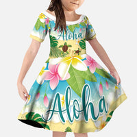 Aloha Turtle Family on The Beach Family Matching Short Sleeve Bodycon Dress and Hawaiian Shirt with Hawaiian Colorful Plumeria LT03 Daughter's Dress Beige - Polynesian Pride