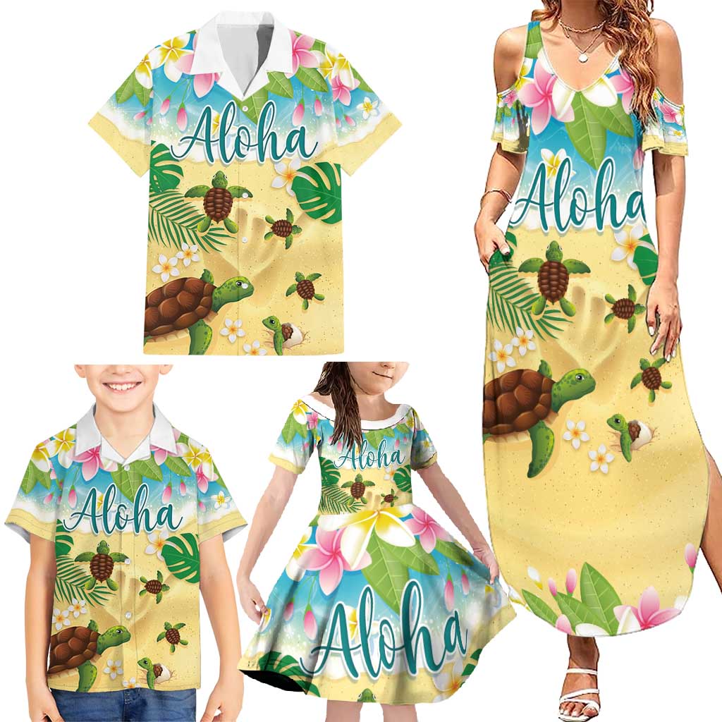 Aloha Turtle Family on The Beach Family Matching Summer Maxi Dress and Hawaiian Shirt with Hawaiian Colorful Plumeria LT03 - Polynesian Pride