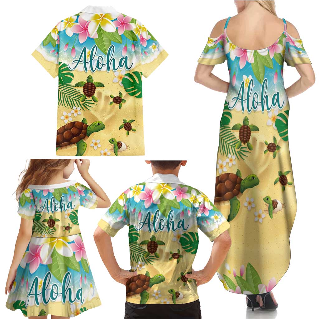 Aloha Turtle Family on The Beach Family Matching Summer Maxi Dress and Hawaiian Shirt with Hawaiian Colorful Plumeria LT03 - Polynesian Pride