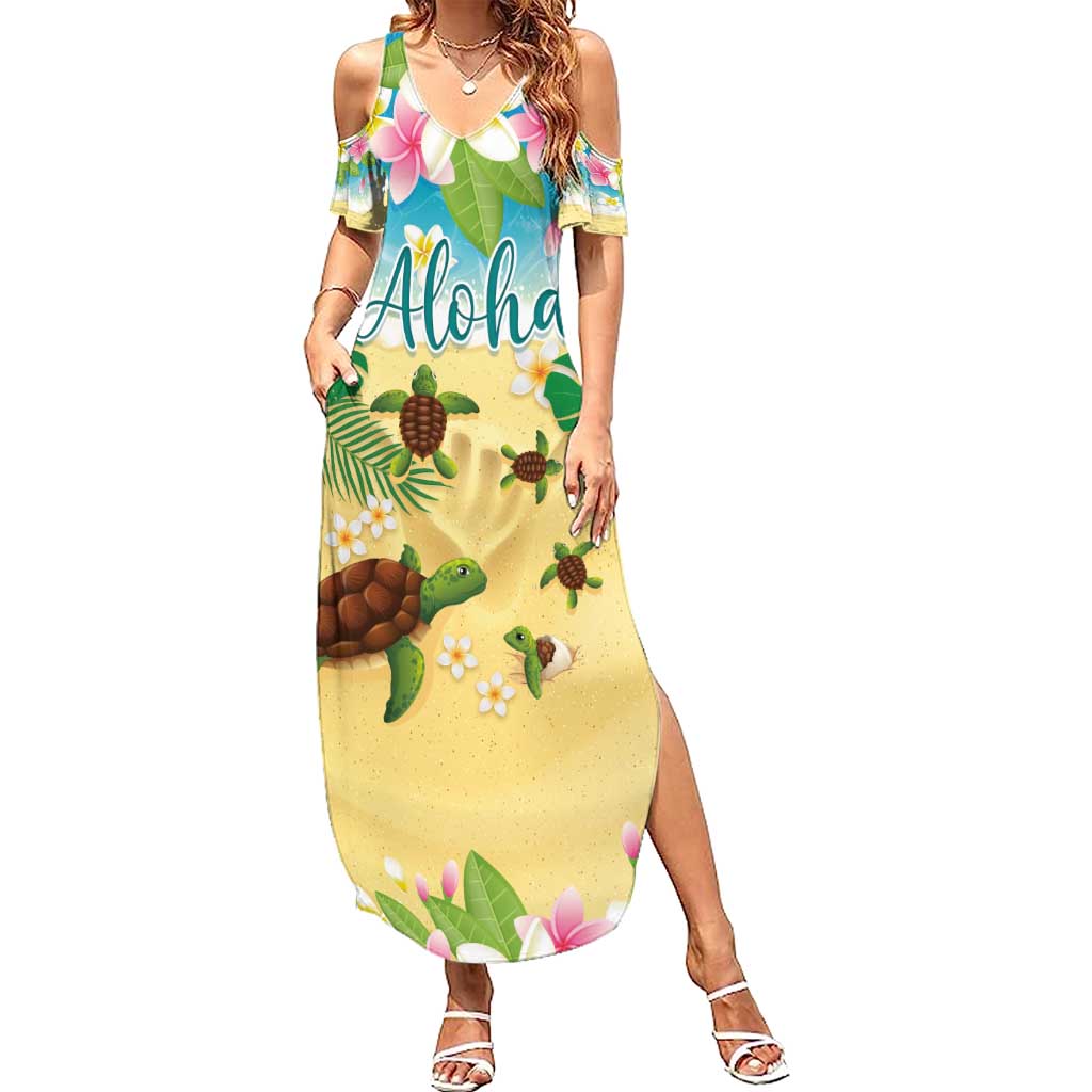 Aloha Turtle Family on The Beach Family Matching Summer Maxi Dress and Hawaiian Shirt with Hawaiian Colorful Plumeria LT03 Mom's Dress Beige - Polynesian Pride