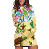 Aloha Turtle Family on The Beach Hoodie Dress with Hawaiian Colorful Plumeria LT03 Beige - Polynesian Pride