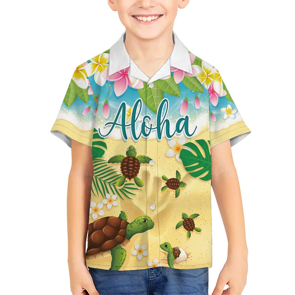 Aloha Turtle Family on The Beach Kid Hawaiian Shirt with Hawaiian Colorful Plumeria