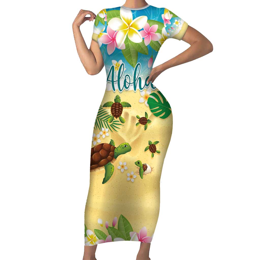 Aloha Turtle Family on The Beach Short Sleeve Bodycon Dress with Hawaiian Colorful Plumeria LT03 Long Dress Beige - Polynesian Pride