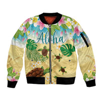Aloha Turtle Family on The Beach Sleeve Zip Bomber Jacket with Hawaiian Colorful Plumeria