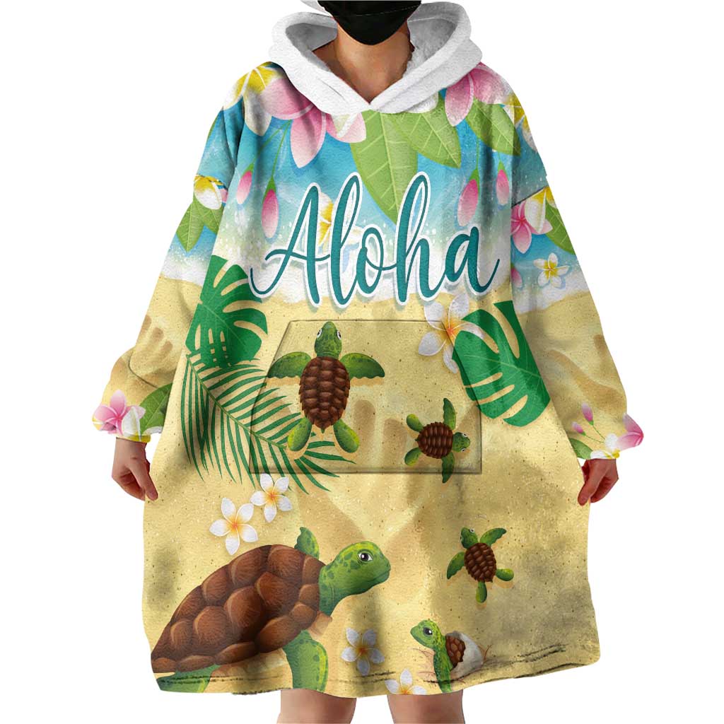 Aloha Turtle Family on The Beach Wearable Blanket Hoodie with Hawaiian Colorful Plumeria LT03 - Polynesian Pride